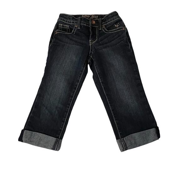 Justice Jeans Girls Size 8S Dark Wash Cuffed Hem Pockets Logo Snap Close - Picture 1 of 8